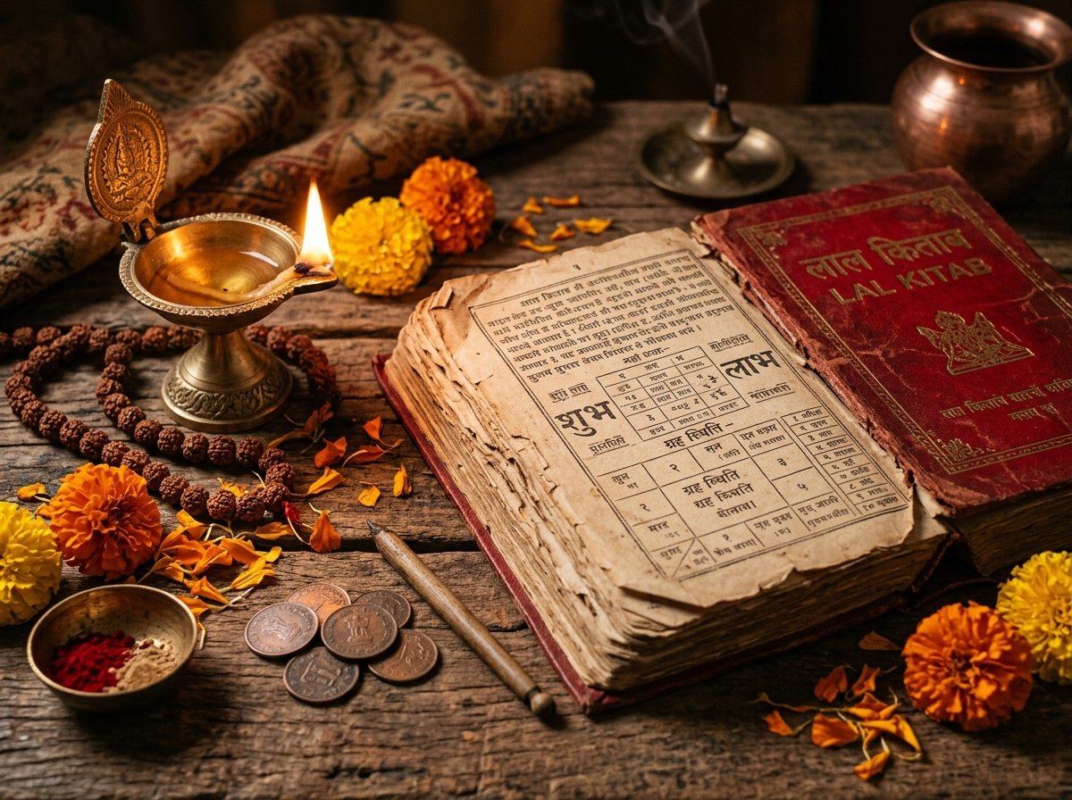 Authentic Lal Kitab manuscript with sacred oil lamp and rudraksha